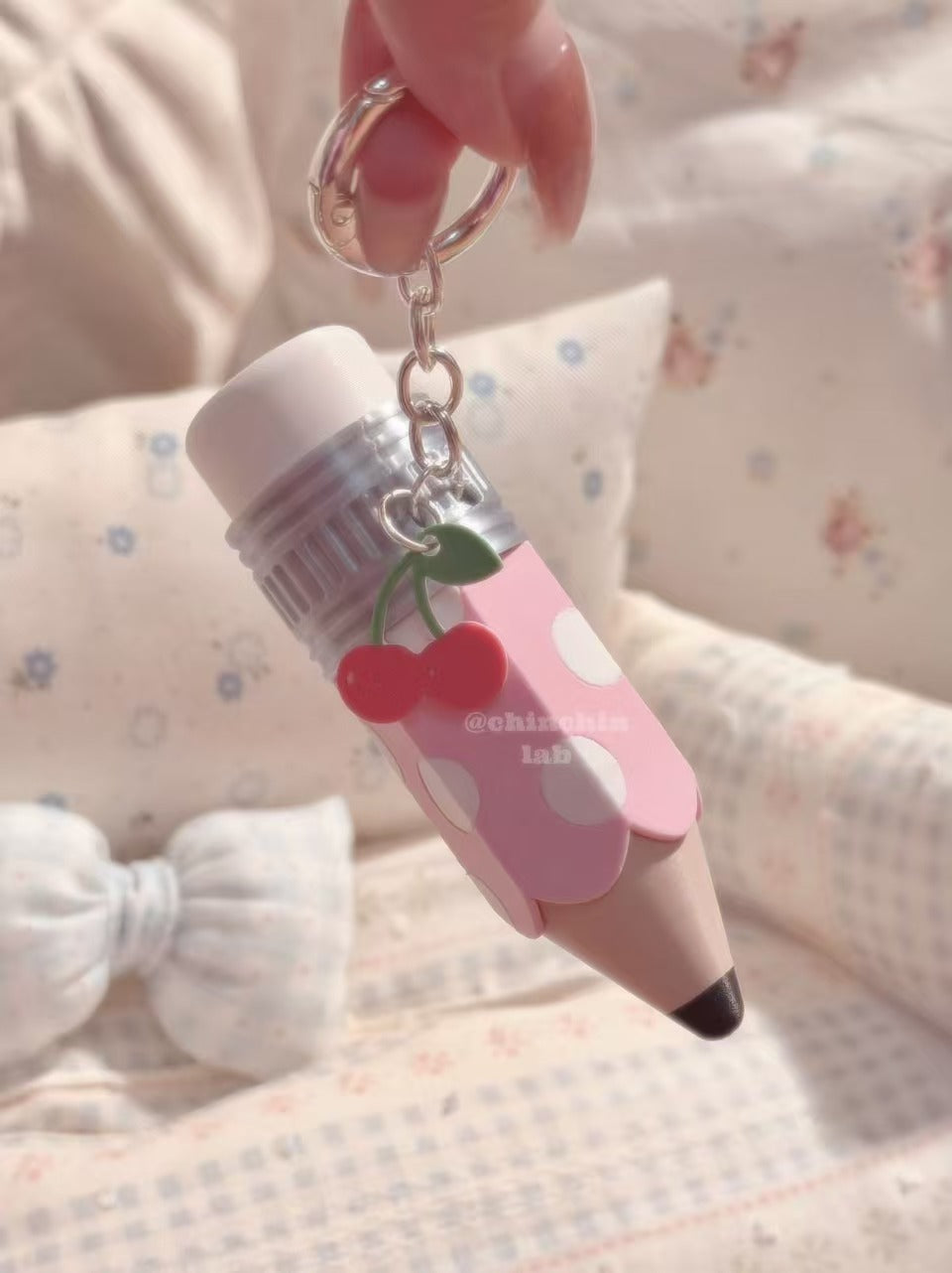 Cherry Pink Polka Dot Pencil Click Keychain | 3D Printed Fidget Charm